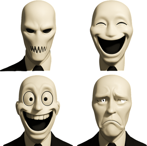 3D Slenderman scary and funny face meme. different faces look. face only.
In-Game asset.  High contrast.  No shadows. 3D