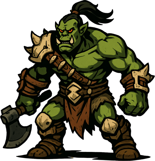 A full-body stylized illustration of an orc warrior, standing in a dynamic pose. The orc has green or grayish skin, muscular build, tusks, and tribal armor made of bone, leather, and metal. The style is fantasy-themed with bold lines, exaggerated proportions, and detailed textures. The lighting is dramatic, emphasizing the orc’s strength and menace. Background is minimal or softly blurred to keep focus on the character. Suitable for fantasy RPG game concept art..
In-Game asset.  2d.  High contrast.  No shadows