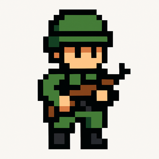 soldier pixel.
In-Game asset.  2d.  High contrast.  No shadows