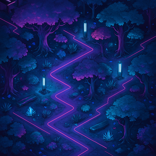 Top down isometric Cyberpunk forest background image large