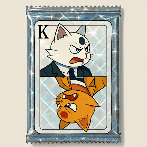 A booster pack of collectible cards in the plastic packaging. On the package is a picture of these two cats as if they are the King on a card in a deck of regular playing cards. The white one is on top facing left and the orange one is on the bottom, flipped upside down and facing right, side profile, just like a king on a regular playing card. There is a K in the top left corner to mark the King, but no suit. There are no other words on the pack. The plastic of the pack is all diamond and sparkling.