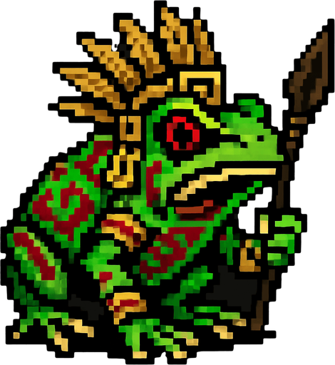 Genérame una Rana de dardo venenosa guerra azteca con eso patrones estilo pixelar, con una apariencia maligna.
In-Game asset.  2d.  High contrast.  No shadows