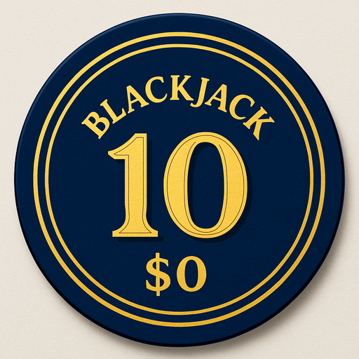 "Crea un asset para una ficha de casino de $10 para Blackjack.
Color Principal: Azul zafiro profundo o un azul medianoche.
Borde/Detalles: Dos o tres franjas finas en un color que contraste, como blanco o dorado.
Valor: El número '10' grande y claro en el centro, en dorado o blanco, con una tipografía de casino.
Estilo: Lujoso, elegante, coherente con 'La Tentación Dorada'.".
In-Game asset.  2d.  High contrast.  No shadows que el texto blackjack ete arriba