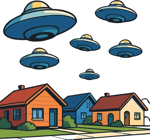 "Small UFO saucers descending over suburban neighborhood, cartoon style, dramatic lighting, shadows cast on lawns, retro sci-fi aesthetic, colorful houses below, comic book illustration style, dynamic angle looking up""cartoon style," "comic book illustration," "clean vector art,".
In-Game asset.  2d.  High contrast.  No shadows