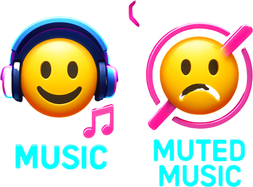 Icons for music & muted music by with emoji have headphone and happy and one doesn't have and sad. HD colors. future. cyberpunk+Abstract.
In-Game asset.  2d.  High contrast.  No shadows