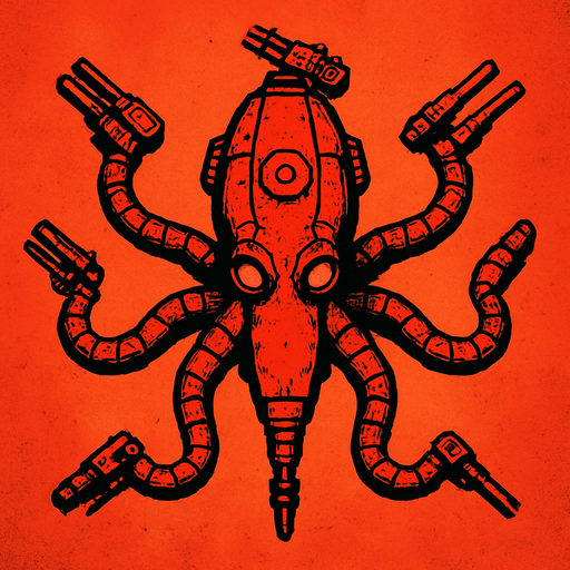 vertical top down red burn robotic octopus scifi war submarine.
In-Game asset.  2d.  High contrast.  No shadows