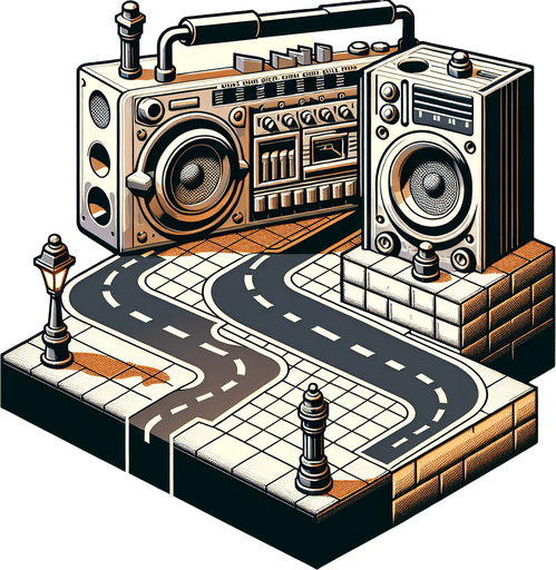 an urban street road near a boom box Single Game Texture. In-Game asset. 2d. Blank background. High contrast. No shadows.