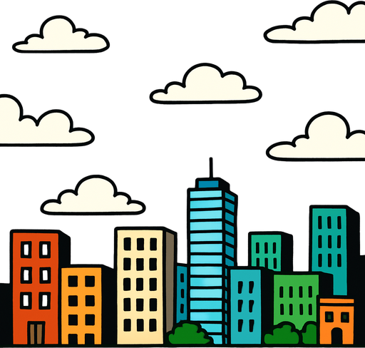 fondo de caricatura 2d, en la parte de abajo se vea edificios de ciudad y el 70% que sea del cielo.
In-Game asset.  2d.  High contrast.  No shadows