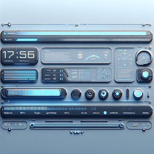 A 2D top UI bar for a mobile phone interface, designed with a futuristic aesthetic. The bar is flat and minimalistic, stretching horizontally across the top of the screen. On the right side, a simple battery icon is displayed, filled to indicate the charge level. The rest of the bar features small, clean icons for signal strength, Wi-Fi, and notifications, along with a digital clock in a modern, futuristic font. The design is clean and functional, with subtle accents like soft blue highlights to give it a slightly futuristic feel while keeping it simple and UI-focused..
Single Game Texture. In-Game asset. 2d. Blank background. High contrast. No shadows.