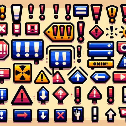 A sprite sheet of signs with exclamation points on them.
Single Game Texture. In-Game asset. 2d. Blank background. High contrast. No shadows.