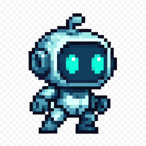 Crea un personaje que sea un robot pequeño y amigable.
Diseño estilo futurista pero tierno, como un asistente robótico.
Que parezca ágil y listo para esquivar bombas.
Estilo píxel art. Fondo transparente..
In-Game asset.  2d.  High contrast.  No shadows
