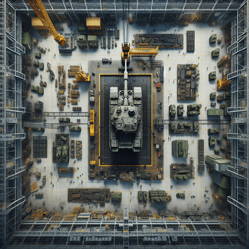 Simple heavy army tank factory buiding a tank with a crane. Square fence...
Zenith view Directly overhead. Plumb view.