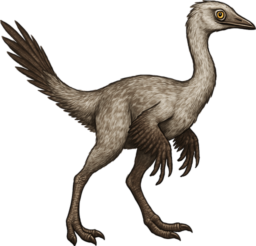 A slender Ornithomimus dinosaur covered with fine, light gray and brown feathers. It has longer, quill-like feathers on its arms and tail, and softer downy feathers on its body. The head is small and narrow with large, bright eyes and a beak-like mouth. Its long legs are built for speed, ending in sharp claws. The feathers have a natural texture, giving the dinosaur a bird-like, agile appearance..
In-Game asset.  2d.  High contrast.  No shadows