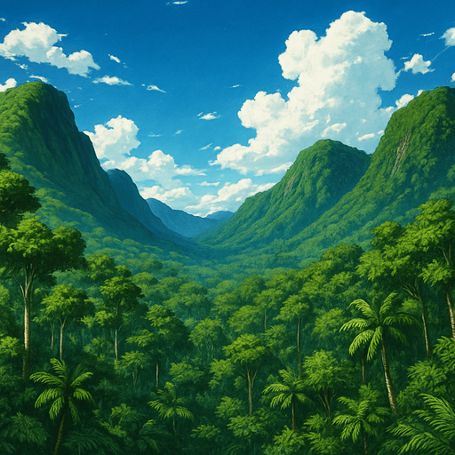 panorame wied gambar hutan tropis pegunungan dan langit biru cerah gaya anime vinland saga