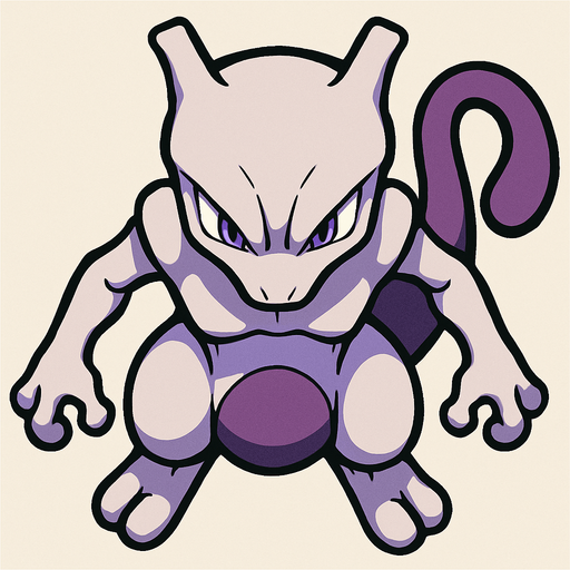 Mewtwo, visto desde arriba, altos detalles.
In-Game asset.  2d.  High contrast.  No shadows