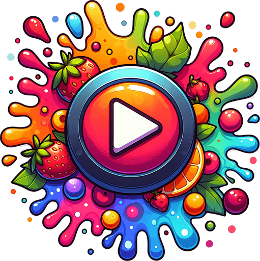"play" text written on the button fruits splash around the border.
Single Game Texture.  In-Game asset.  2d.  Blank background.  High contrast.  No shadows