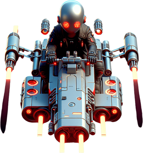 A thin robot with goggles riding a hover-bike. Twin blaster guns mounted on front. Top down view. Birds Eye view. Cyberpunk with red glowing highlights...
Single Game Texture. In-Game asset. 2d. Blank background. High contrast. No shadows.