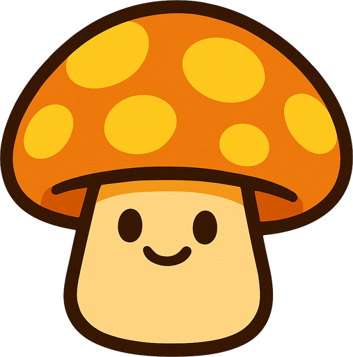 Sombrero Anaranjado/Amarillo: Tiene un sombrero grande y redondo de color anaranjado o amarillo brillante, con manchas de un tono más oscuro o marrón-anaranjado. Los puntos grandes y luminosos en su sombrero le dan un aspecto amigable y sugieren su función solar.

Tallo Beige/Crema: Su tallo es corto y regordete, de un color beige o crema claro.

Cara Amigable: Posee dos ojos pequeños y redondos, y una pequeña sonrisa, dándole una expresión dulce y pasiva..
In-Game asset.  2d.  High contrast.  No shadows