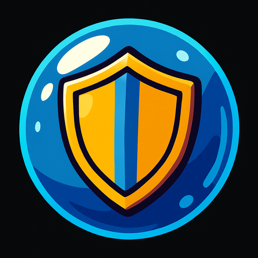 a shield inside a glass bubble.
In-Game asset.  2d.  High contrast.  No shadows