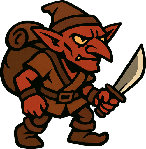 kahverengi gezgin eli bıçaklı goblin.
In-Game asset.  2d.  High contrast.  No shadows