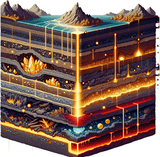 Here is your 2D side-view of the earth’s layers in a side-scrolling game style. It maintains the horizontal strata with distinct layers transitioning from rocky topsoil to deep, glowing lava rock. Fossils, gold veins, and crystal traces add depth and detail.

For the next remix, here are some potential modifications:

Deeper Layer Focus – Shift the scene further down to expose more intense lava activity and larger crystal formations. 🔥
More Fossils & Artifacts – Increase the number of embedded fossils, adding prehistoric bones or ancient relics. 🦴
Volcanic Activity – Introduce subtle magma flows or small pockets of underground lava chambers..
Single Game Texture.  In-Game asset.  2d.  Blank background.  High contrast.  No shadows