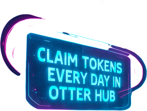 Create a dynamic 4K digital background for a cyberpunk mobile game interface. The scene shows a sleek, rain-drenched urban plaza with neon-lit walkways and towering digital screens. One large holographic banner reads ‘Claim tokens every day in Otter Hub’ in bold, glowing lettering. Surround it with animated light trails, drifting data particles, and subtle reflections in wet pavement. In the distance, angular skyscrapers pulse with magenta and cyan accents against a misty night sky. This image should serve as an eye-catching game menu backdrop—no characters or coins visible..
High contrast.  No shadows