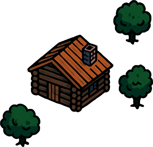 a top view of a grass field with a cabin and some trees.
In-Game asset.  2d.  High contrast.  No shadows