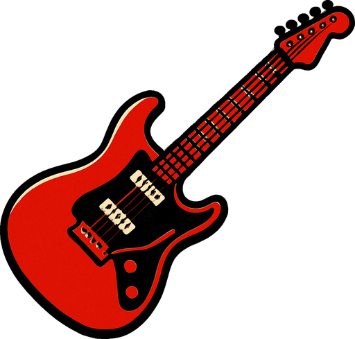 kırmızı renkli elektro gitar yan dursun çalmaya hazır gibi görünsün.
In-Game asset.  2d.  High contrast.  No shadows