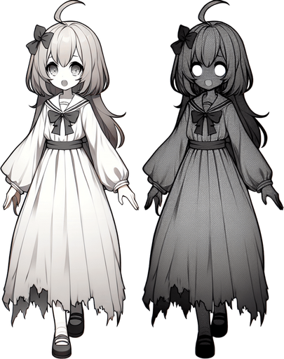 Ghost girl, scary, horror movie, full body, Japanese ghost, 
Single Game Texture. In-Game asset. 2d. Blank background. High contrast. No shadows.