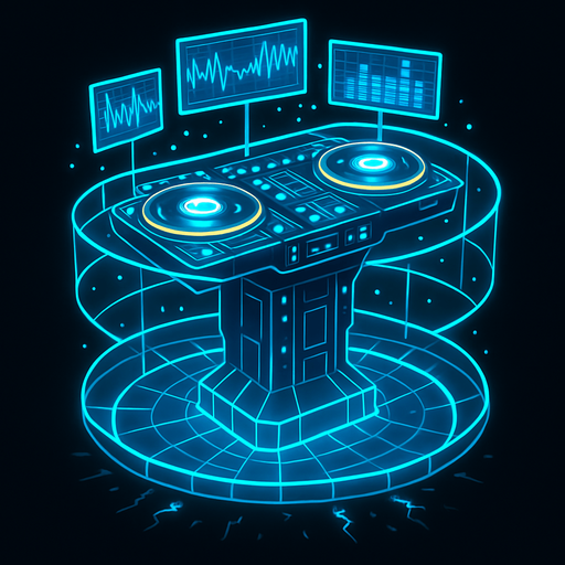 Una torre que es una mesa de DJ futurista y auto-programable, flotando sobre el suelo. Tendría múltiples pantallas holográficas que muestran complejos patrones de ondas sonoras y datos. Los platos serían discos de energía giratorios que emiten luz y chispas, y la torre en sí podría estar rodeada por un campo de fuerza o una rejilla de luz..
In-Game asset.  2d.  High contrast.  No shadows
