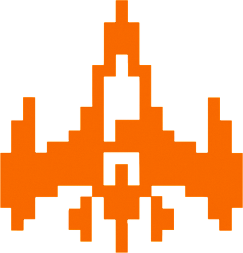 It's a spaceship made of orange pixels, reminiscent of arcade games..
In-Game asset.  2d.  High contrast.  No shadows