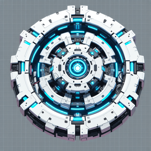 Battle drone, circular. White with blue glowing highlights. Birds Eye view from overhead. Cyberpunk. Simple shapes..
Single Game Texture. In-Game asset. 2d. Blank background. High contrast. No shadows.