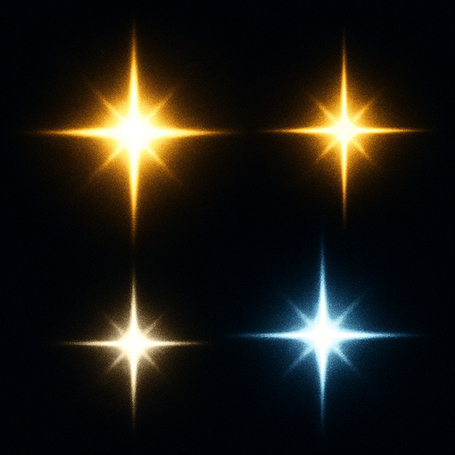 Bright, dense star-like points

```
- Center: Brilliant white core (8x8 pixels)
- Glow: Yellow-white gradient extending to edges
- Intensity: Very bright, sharp center with soft falloff
- Shape: 4-pointed star or cross pattern
- Color variants: White, yellow, light blue.
In-Game asset.  2d.  High contrast.  No shadows