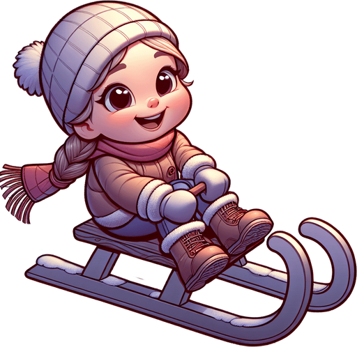 Little girl on a sledge, cartoon, winter, sideview, evil, winter boots Single Game Texture. In-Game asset. 2d. Blank background. High contrast. No shadows.