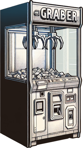 A claw grabber arcade machine with transparent screen.
Single Game Texture. In-Game asset. 2d. Blank background. High contrast. No shadows.