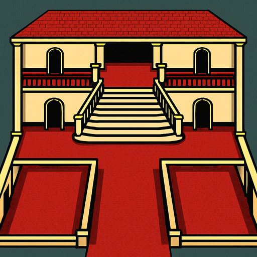 una mansion con piso rojo vista completa y totalmente desde arriba y desde dentro con una escalera grande igual que la de scarface la pelicula y pasillos a los lados.
In-Game asset.  2d.  High contrast.  No shadows