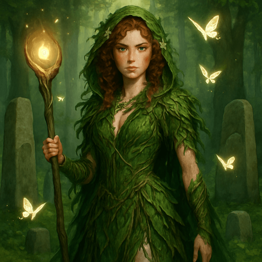 A forest druidess cloaked in green vines, leaves, and bark-woven garments, standing among ancient stone circles. Female, 28 years old, slender and fierce, auburn curly hair with forest flowers woven in, moss-green eyes, and freckled sun-kissed skin. A glowing staff carved from elderwood is in her hand, and glowing butterflies swirl around her. Realistic, highly detailed, enchanted forest atmosphere. realistic.
In-Game asset.  2d.  High contrast.  No shadows