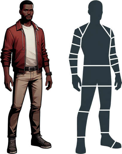 Full body human.
Single Game Texture. In-Game asset. 2d. Blank background. High contrast. No shadows.