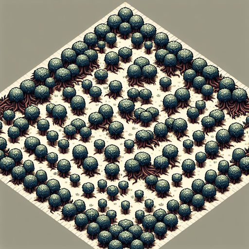 top down forest clearing with small bushes..
Single Game Texture. In-Game asset. 2d. Blank background. High contrast. No shadows.