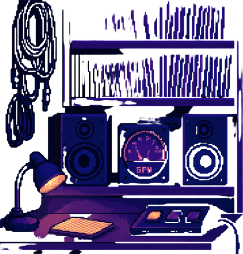 A 2048x2732 vertical pixel art background for a settings screen in a pixel-art rhythm game. The scene shows a cozy side corner of the same DJ studio seen in the main menu, with shelves full of vinyls, tangled audio cables, studio monitors, and an analog BPM dial glowing softly. A small desk lamp casts a warm light over a notepad and some buttons. The lighting is purple and blue, calm and focused. The mood is quiet, technical, and slightly futuristic — perfect for adjusting settings..
In-Game asset.  2d.  High contrast.  No shadows