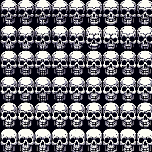 a collection of skulls arranged in horizontal rows.
Single Game Texture.  In-Game asset.  2d.  Blank background.  High contrast.  No shadows
