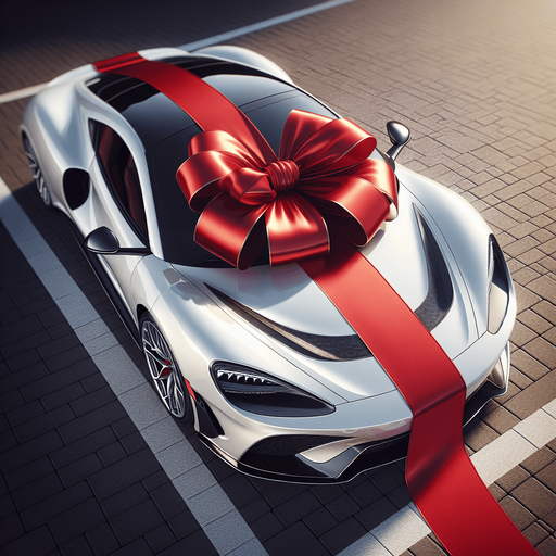 top full view luxury white sports car with a red ribbon