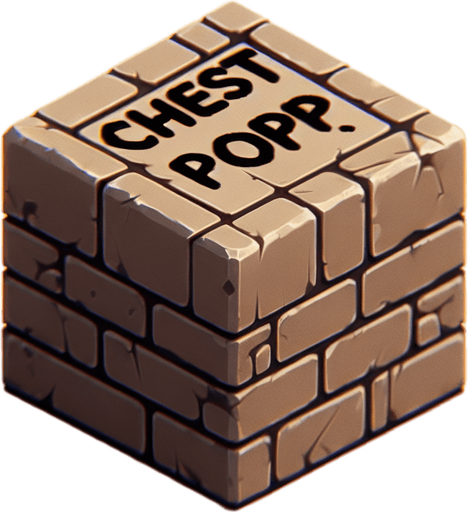 a forward facing brick with the writing "Chest Pop" Single Game Texture. In-Game asset. 2d. Blank background. High contrast. No shadows.