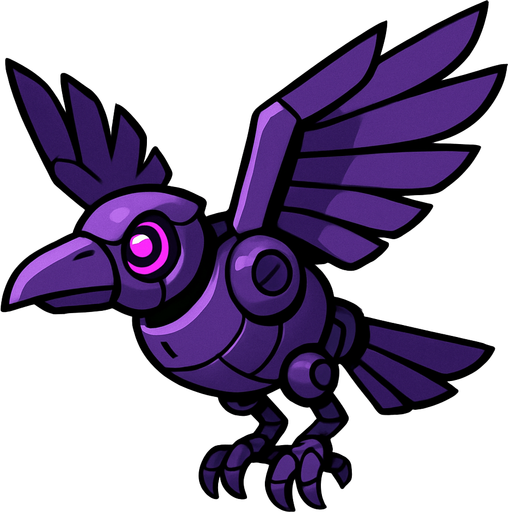 Crow robot morado volando.
In-Game asset.  2d.  High contrast.  No shadows