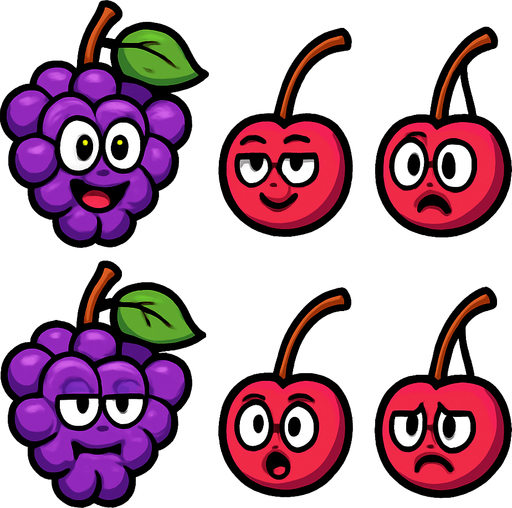 Grapes and Cherry sprites with eye and mouth animation.
In-Game asset.  2d.  High contrast.  No shadows
