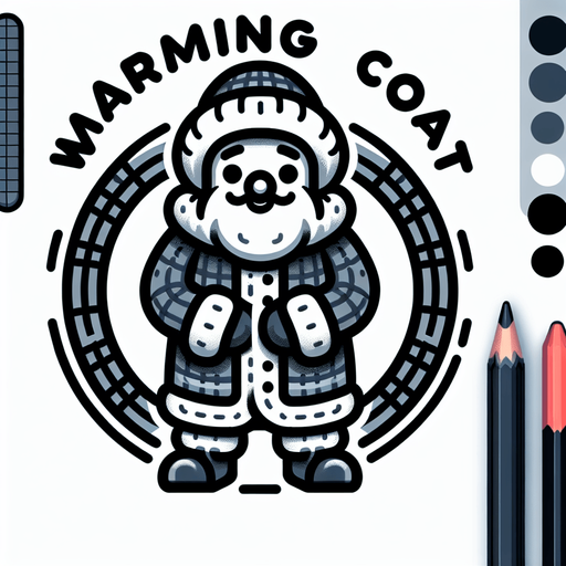 icon for santa with a thick warm coat, but his face is very cold, on a circle, with the text at top: "warming coat", cartoon Single Game Texture. In-Game asset. 2d. Blank background. High contrast. No shadows.