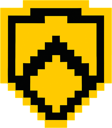 Símbolo de escudo pixelado con pixeles amarillos.
In-Game asset.  2d.  High contrast.  No shadows