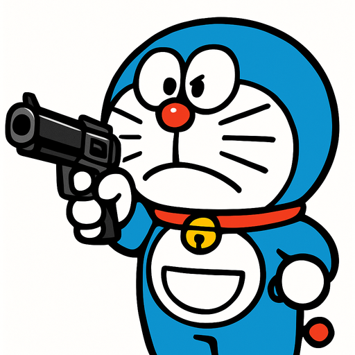Doraemon shooting a gun.
In-Game asset.  2d.  High contrast.  No shadows