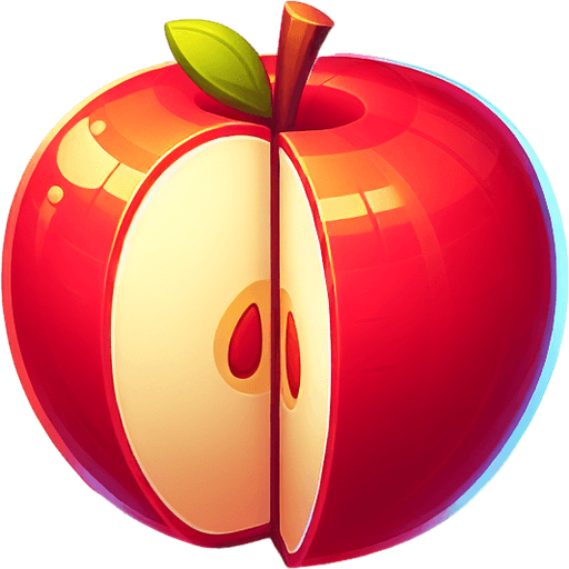 apple fruit is cut into two halves with a slight separation to match the style of Fruit Ninja.
Single Game Texture.  In-Game asset.  2d.  Blank background.  High contrast.  No shadows