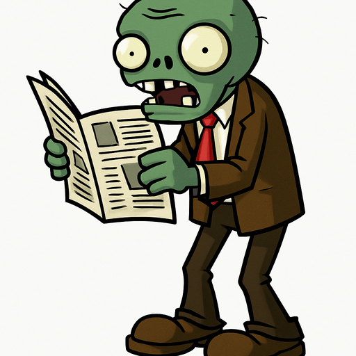 zombie leyendo un periodico con traje en cuerpo completo de pvz.
In-Game asset.  2d.  High contrast.  No shadows